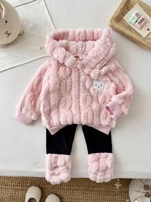 SHEIN Vintaside Kids 2pcs/Set Baby Girl Sweatshirt Set, Autumn Fuzzy Wheat Jacquard Light Pink Black And Pink Long Sleeve Hooded Bow Decor, Long Pants, Family Matching - Pink - View 6