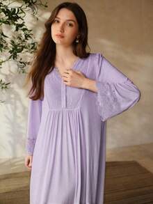 MOTF PREMIUM Vestido de ropa de estar en casa con manga larga y encaje en contraste para mujer - Púrpura malva - Ver 4