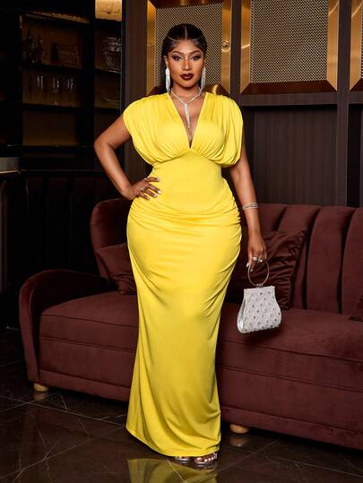 Maweii Plus Size Women Sexy Party Banquet Minimalist Solid Color Deep V-Neck Pleated Batwing Sleeve Fitted Dress