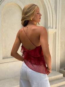 Aloruh Spring/Summer New Elegant Rave Romantic Date Vacation Valentine's Day Wedding Season Rust Chiffon One-Shoulder Backless Multi-Layer Ruffle Blouse - Burgundy - View 2