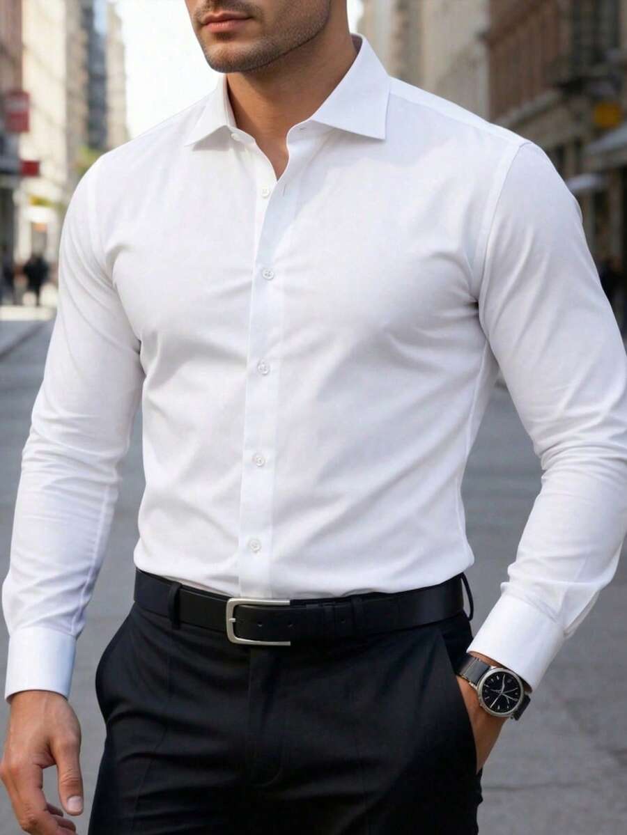 Manfinity Mode 男士長袖正式白色襯衫,經典領口鈕扣式商務休閒,優雅純色辦公穿搭,適合夏季、場合與儀式 - 白色 - 查看 1