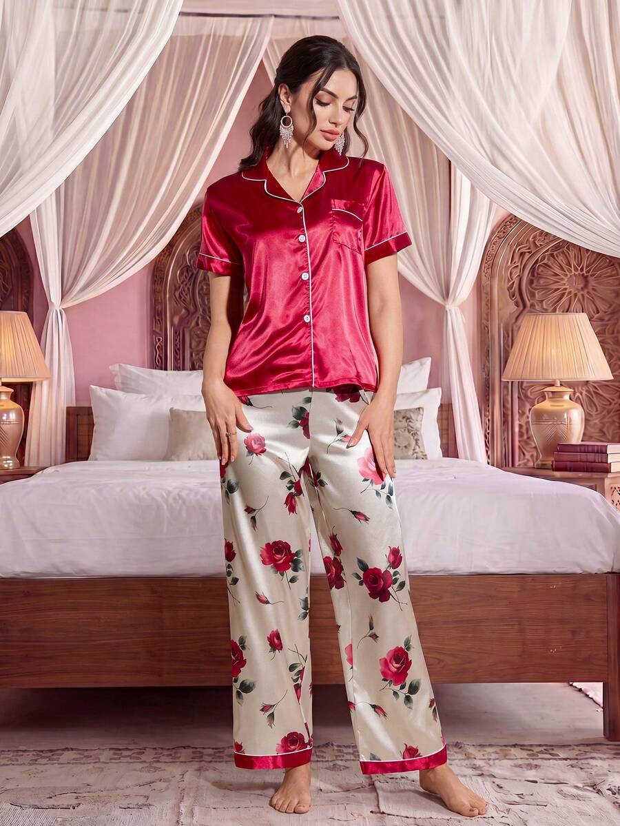 Jahmira Faux Silk Solid Color Collar Short Sleeve Top And Floral Elegant Pants Pajama Set - Multicolor - View 1
