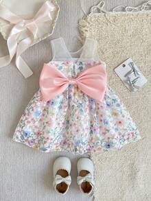 SHEIN Glamorique Kids 女嬰無袖洋裝，蕾絲面料搭配彩色碎花印花，背面可拆卸粉色緞面蝴蝶結，適合生日派對、家庭聚會、拍照、日常度假、婚禮、畢業舞會，夏季短洋裝 - 米色 - 查看 6