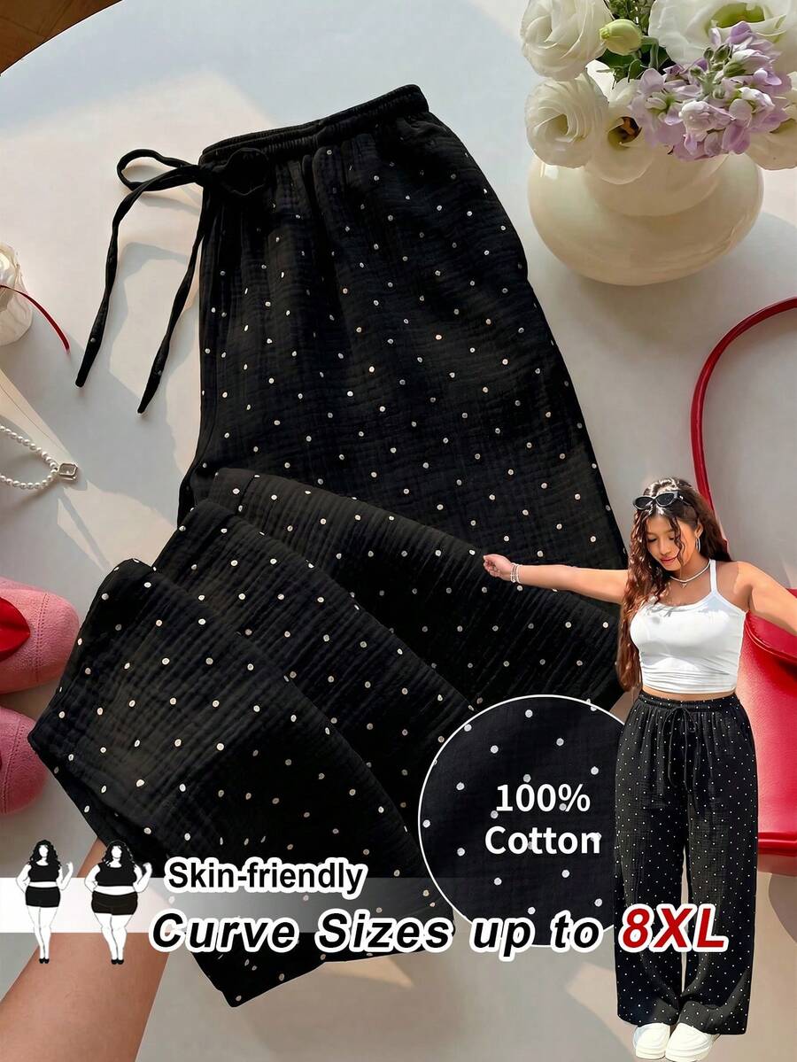 SHEIN CURVE+ 大尺碼波點印花寬鬆寬腿褲 日常、通勤、度假，秋季、冬季 2026 22W