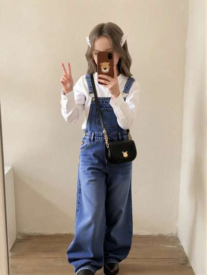 SHEIN Tween Girl Girls' Blue Denim Loose Fit Overalls