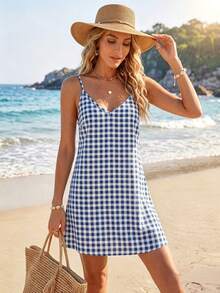 SHEIN LUNE Women's Plaid Casual Daily Summer Mini Camisole Dress - Multicolor - View 5