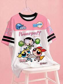 THE POWERPUFF GIRLS X SHEIN 少女卡通圖案條紋印花拼色圓領短袖T恤 - 白色 - 查看 1