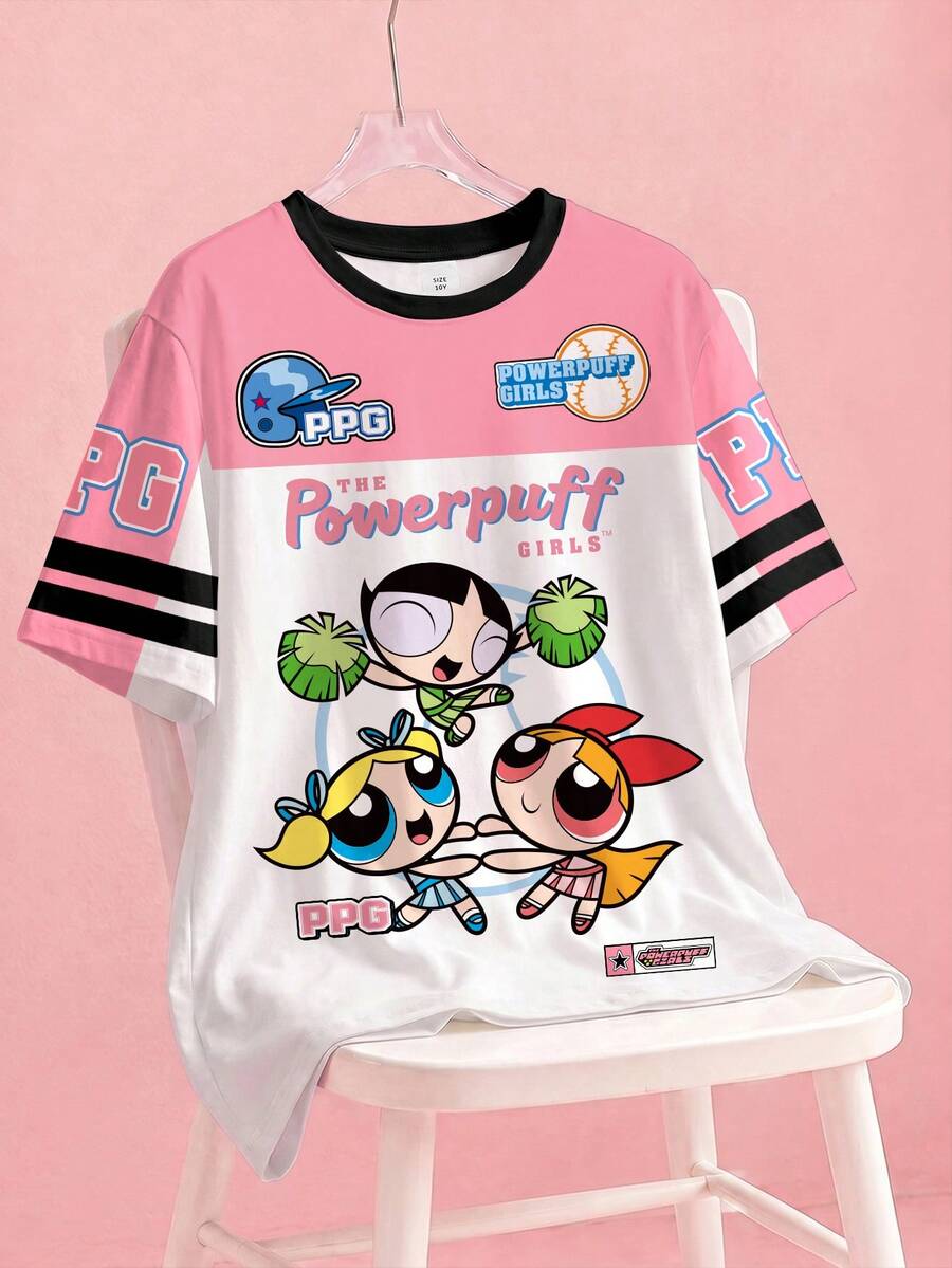 THE POWERPUFF GIRLS X SHEIN 少女卡通圖案條紋印花拼色圓領短袖T恤 - 白色 - 查看 1