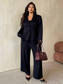 Auralis Plus Size Women Solid Color Notch Lapel Single Breasted Long Sleeve Blazer And Pants Casual Daily Suit Set - Black - View 9