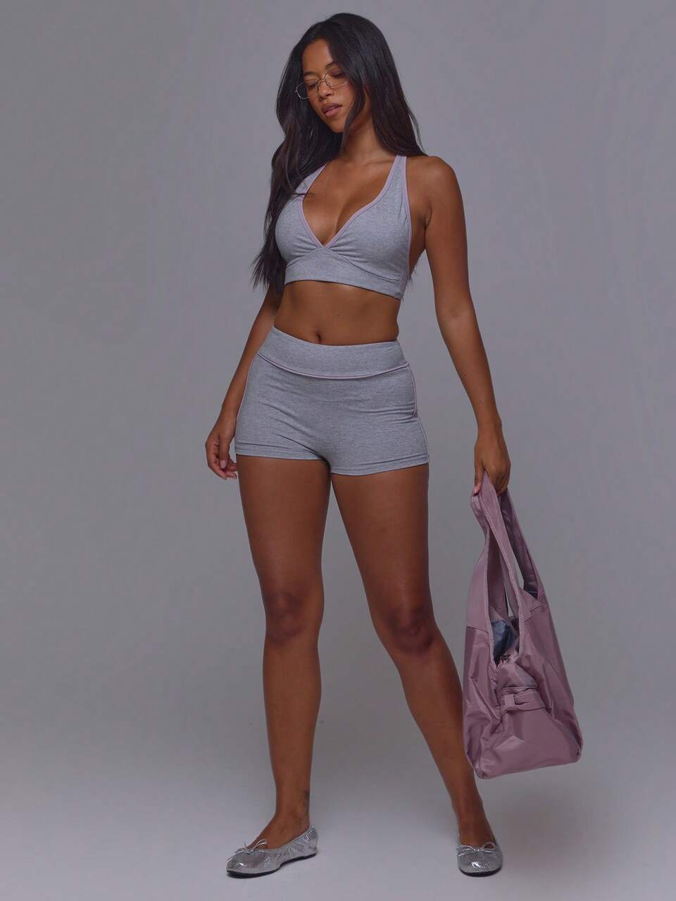 Grey Lilac Contrast Colour Piped Edge V Plunge Halterneck Sports Bra Only Pilates Fitness Daily Casual Everyday Void