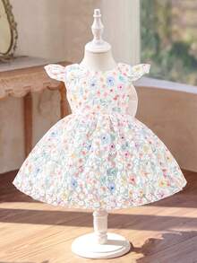 SHEIN Glamorique Kids 女嬰無袖公主洋裝，蕾絲刺繡與彩色印花，背部可拆卸大蝴蝶結，適合週歲派對、生日派對、婚禮花童、家庭聚會、儀式感場合、日常出遊、拍照、度假、畢業舞會 - 彩色 - 查看 4