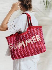 SHECARRY Women's Fashionable Spring And Summer Nautical Style Two-Color Striped Letter Design Shoulder Bag, For Beach, Vacation, Seaside - Rose Red - View 8