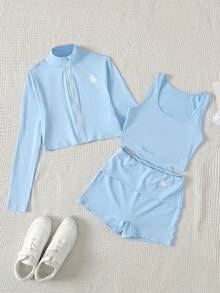SHEIN 青少年女孩長袖小高領拉鍊上衣、背心、單車緊身褲 3 件套運動套裝 - 藏蓝色 - 查看 16