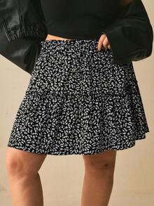 Freevana 女款大尺碼荷葉邊A字短裙 黑白碎花彈性腰綁帶裙 優雅休閒日常街頭穿搭田園風 春夏女裝 - 黑與白 - 查看 6