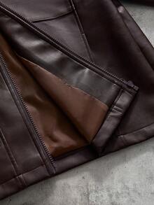 AXEPEAK Men's Solid Color PU Leather Zipper Placket Cargo Pocket Jacket - Khaki - View 4