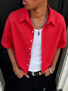 PAVTROS Men's Solid Color Short Sleeve Single-Breasted Casual Shirt - Red - View 3