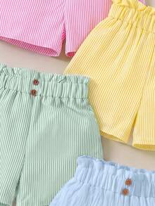 SHEIN Sparklyn 4件組女童條紋鬆緊腰寬鬆夏季短褲套裝 返校季 - 彩色 - 查看 5