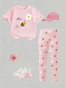SHEIN 女嬰 2件/套休閒時尚百搭春夏嬰兒幼兒T恤套裝，可愛甜美粉色花卉上衣配小蜜蜂與花朵圖案，寬鬆圓領短袖T恤與粉色內搭褲2件套裝，適合休閒外出、返校與派對的春夏服裝套裝 - 彩色 - 查看 4
