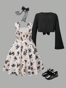 SHEIN Conjunto de 2 piezas para niñas: chaqueta casual de punto acanalado elástico con cierre frontal y lazo decorativo + vestido camisola de tejido texturizado con estampado floral digital, ideal para uso diario y vacaciones en primavera/otoño - Multicolor - Ver 2