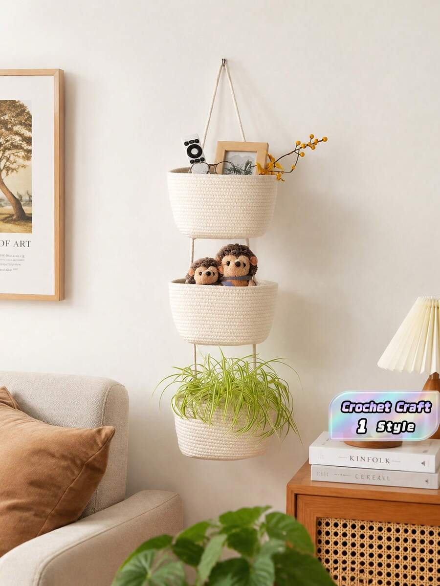 Wall-Mounted Storage Basket, Three-Tiered, Wall-Mounted Dormitory Room Organizer, Cotton-Woven Basket, Fits Behind Doors. - White - View 1