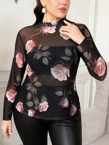 SHEIN Clasi 大尺碼女款花卉網紗立領長袖透視上衣 - 彩色 - 查看 7