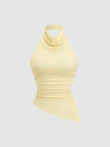 Sweetra Women's New Fashion Versatile Halter Neck Backless Knit Elastic Textured Sleeveless Tank Top With Asymmetrical Hem, Multi-Color Light Yellow And Coffee Set - Multicolor - View 5