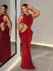BamGleam Women's Solid Color Cowl Neck Waist Cutout Sexy Sleeveless Dress - Burgundy - View 6