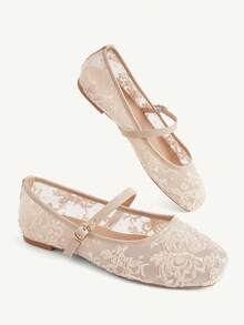 CUCCOO CHICEST Women's Shoes, Apricot Flower Mesh Square Toe Flats, Embroidered Retro Mary Jane Mesh Shoes - Apricot - View 4