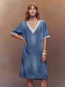 Fembélia Women's V-Neck Lace Trim Casual Boho Daily Summer Short Dress Vacation Dark Blue - Blue - View 4