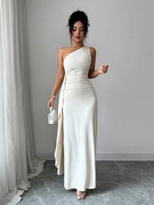 SHEIN Elenzya 夏季奢華緞面單肩抓褶腰高開衩長洋裝 女款性感晚禮服派對禮服 - 杏色 - 查看 4