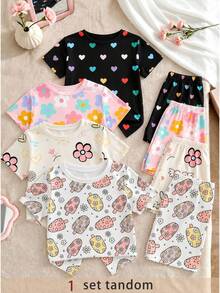 1 Set Girls Ice Cream And Floral Print Fitted Pajamas, Short Sleeve Top And Shorts, Spring/Summer Style - White - View 1