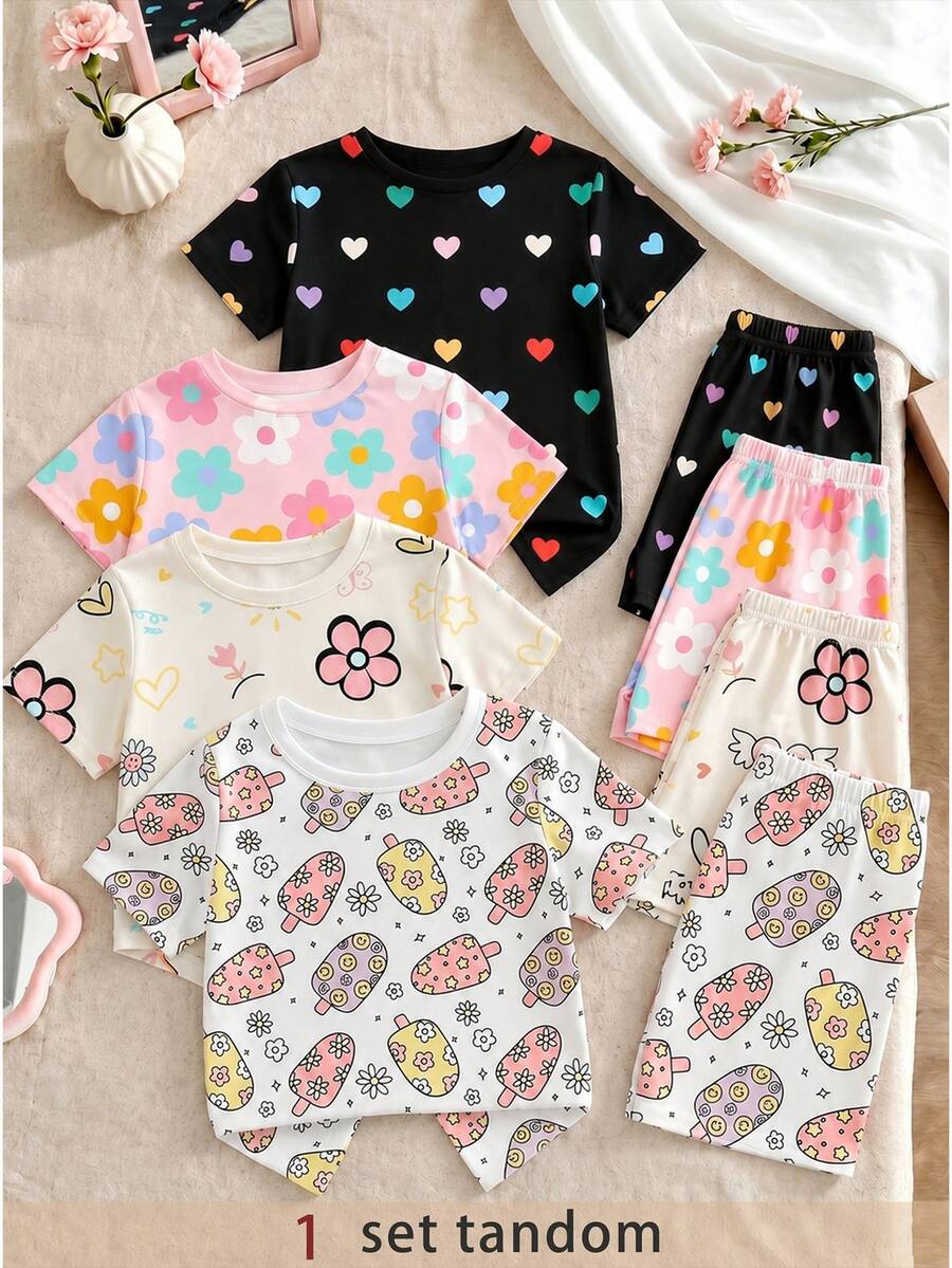 1 Set Girls Ice Cream And Floral Print Fitted Pajamas, Short Sleeve Top And Shorts, Spring/Summer Style - White - View 1