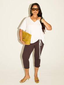 FASHION SZN Plus Size Women's Solid Color V-Neck Casual Versatile Daily Outing Short Sleeve T-Shirt - White - View 6