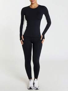 11SKNDS Long Sleeve Crew Neck Compression Top With Color Block Side Panels, Thumbhole Cuffs, Slim Fit Athletic Running Layer With Sweat-Wicking, Stretchy, Breathable, Quick-Dry & Buttery-Soft, For Gym Workout Fitness Yoga Pilates Studio, Training & Hy-Rox - Black and White - View 4