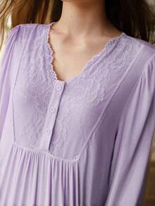 MOTF PREMIUM Vestido de ropa de estar en casa con manga larga y encaje en contraste para mujer - Púrpura malva - Ver 5