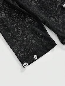 ROMWE Avant Top de mujer de encaje negro estilo Napoleón de manga media, sexy, gótico, elegante, estilo chino nuevo, para Halloween, noche y verano - Negro - Ver 4