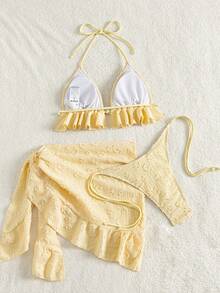 Swim Mod 3-Piece Textured Halter Bikini Set With Ruffle Cover Up Skirt - Pale Yellow - View 2