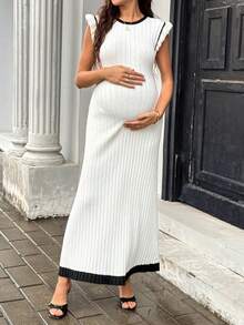 SHEIN Vestido de punto ajustado de maternidad con bloques de color, cuello redondo y mangas cortas con volantes - Blanco y Negro - Ver 6