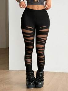 SHEIN ICON 女款性感辣妹網格拼接修身緊身褲 - 黑色 - 查看 4