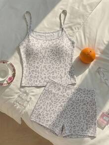 SHEIN 女童淺豹紋細肩帶背心與短褲套裝，休閒簡約風，適合日常穿著 - 彩色 - 查看 2