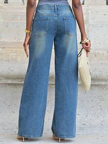 Mima John Celana Jeans Kasual Wanita dengan Kancing Depan dan Saku Sederhana - Biru - View 2