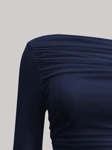 SHEIN Unity 純色不對稱領口＆百褶設計修身短袖t卹 - 藏蓝色 - 查看 5