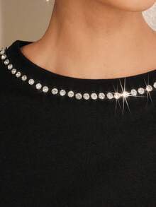 Anewsta Women's Elegant Casual Rhinestone Embellished T-Shirt, Suitable For Daily Commute Night Out Black Summer - Black - View 7