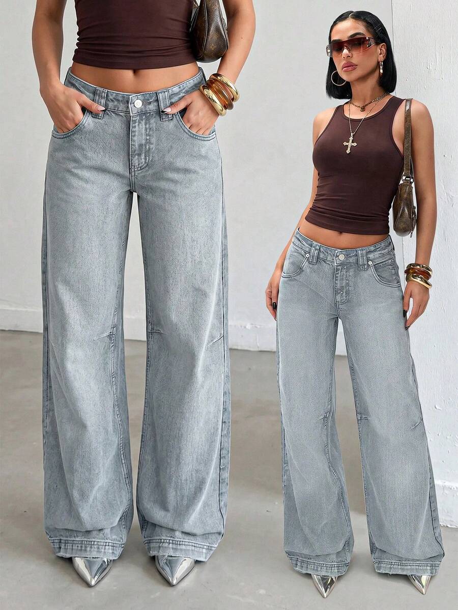 EURMUSE RueChic Low Waist Wide Leg Special Wash Jeans - Light Wash - View 1