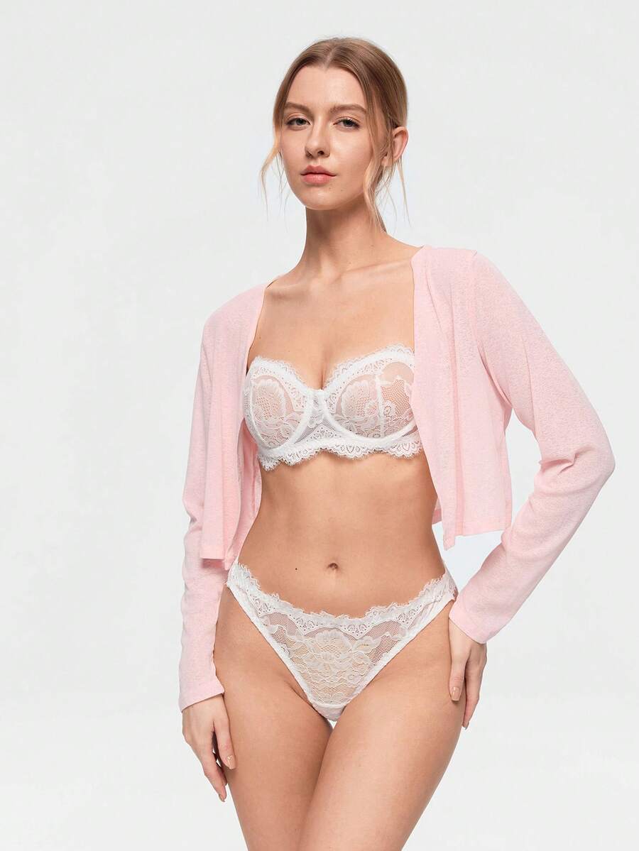 Bonmuse 2pcs White Lace Bandeau Bra Set, Delicate Lace Transparent & Sexy, Strapless Design Suitable For Bandeau Outfits, Sweet & Alluring, Suitable For Multiple Occasions And Groups, Underwire Style For Better Lift And Support - White - View 1