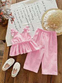 Emery Rose Kids Emery Rose Kids 女童編織素色細肩帶上衣與長褲兩件套 - 粉色 - 查看 2