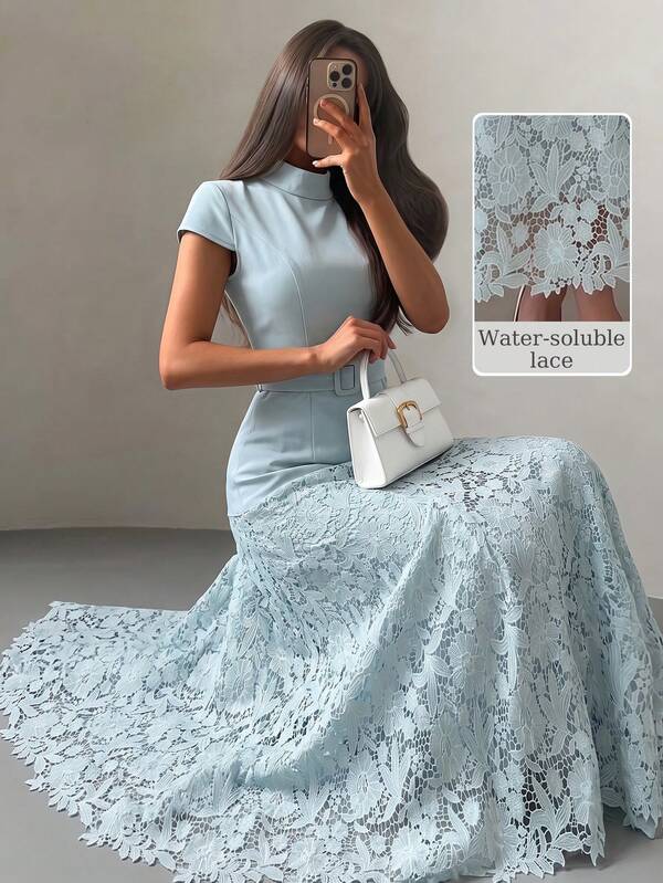 NOVVYNE Women's Blue Woven Short Sleeve Tie Waist Fabric Button Cinched Waist A-Line Patchwork Woven Water-Soluble Lace Elegant Romantic Long Dress