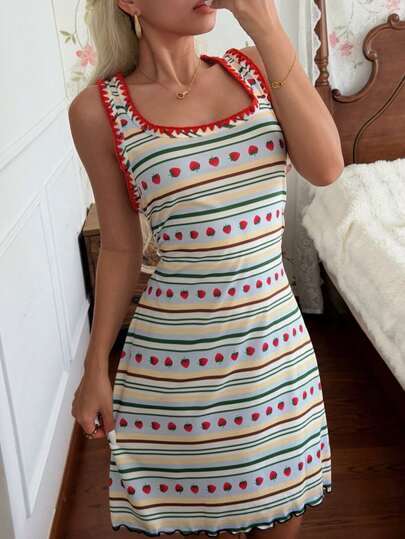 CottageSlumber Strawberry Striped Wavy Edge Tank Dress Women's Nightgown