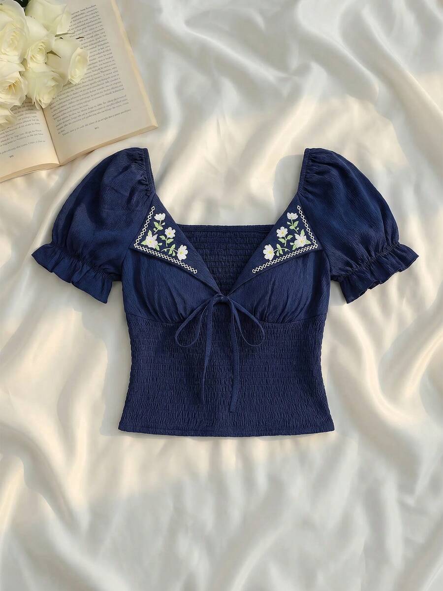 SHEIN MOD Women's Summer Casual Cottage Floral Print Tie-Front Shirt Vacation Navy Blue Floral.Halloween.Back To School. - Navy Blue - View 1