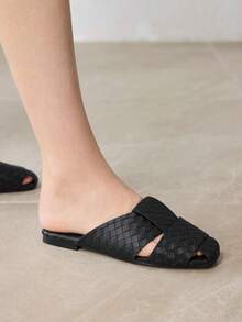 MOTF PREMIUM BLACK LEATHER ROUND TOE CASUAL SIMPLE COMMUTER WOMEN'S FLAT SANDALS - Black 1 - View 7